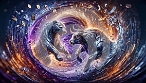 Bull vs bear, symbols of stock market , fierce market battle in gold and purple colors with chart