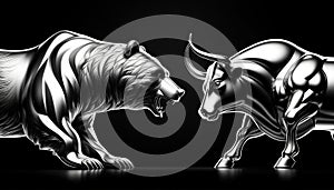 Bull vs bear, symbols of stock market trends, fierce market battle in black and white