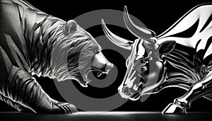 Bull vs bear, symbols of stock market trends, fierce market battle in black and white