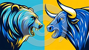 Bull vs bear, symbols of stock market trends, fierce market battle in blue and yellow background