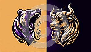 Bull vs bear, symbols of stock market trends, fierce market battle in gold and purple colors