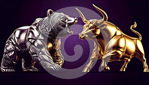 Bull vs bear, symbols of stock market trends, fierce market battle in gold and purple colors
