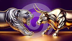 Bull vs bear, symbols of stock market trends, fierce market battle in gold and purple colors