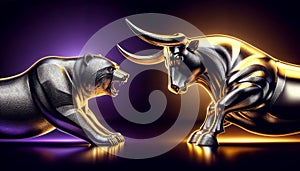 Bull vs bear, symbols of stock market trends, fierce market battle in gold and purple colors