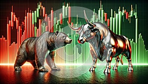 Bull vs bear, symbols of stock market trends, fierce market battle in red and green charts