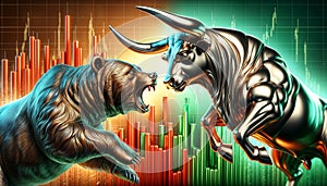 Bull vs bear, symbols of stock market trends, fierce market battle in red and green charts