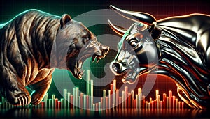 Bull vs bear, symbols of stock market trends, fierce market battle in red and green charts