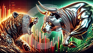 Bull vs bear, symbols of stock market trends, fierce market battle in red and green charts