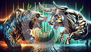 Bull vs bear, symbols of stock market trends, fierce market battle in red and green charts