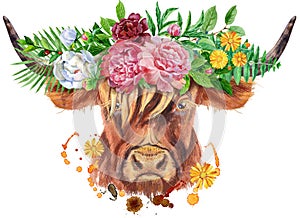 Watercolor illustration of a brown long-horned bull with flowers