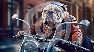 Bulldog biker riding a motorcyle.