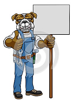 Bulldog Cartoon Mascot Handyman Holding Sign