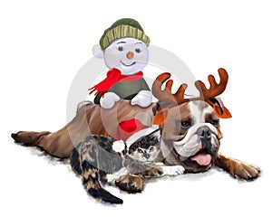 Bulldog with cat and Snowman at Christmas