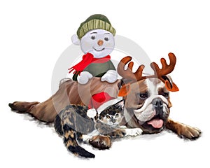 Bulldog with cat and Snowman at Christmas photo