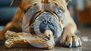 A bulldog chewing on a large raw bone, with the focus tightly on the bone and the dog& x27;s face, minimal background photo