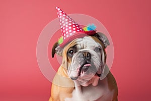 Bulldog Dog In Clown Hat On Pink Background. Generative AI