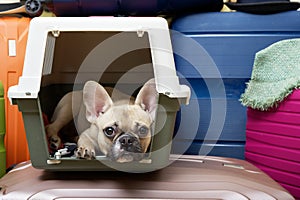 Bulldog dog poses from the box for transportation against the background of colored suitcases looking at the camera.