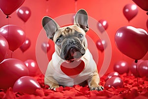 A bulldog dog poses among heart shaped balloons and rose petals, creating a cute and romantic scene