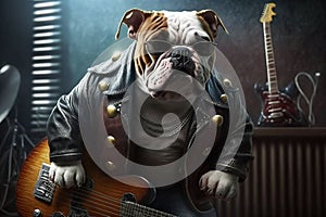 Bulldog dog rocker in black leather jacket, portrait of animal with guitar, generative AI