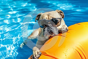 bulldog dog sitting on an inflatable mattress in swimming pool in summer holiday vacation , rubber toy included