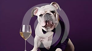 Bulldog Dog In A Tuxedoholding A Champagne Glass On Purple Background. Generative AI