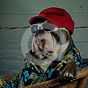 Bulldog dressed in a wicker chair