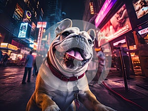 A Bulldog explores the vibrant nightlife of a neon-lit urban setting, capturing the essence of city life. Perfect for urban