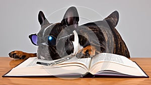 Bulldog in glasses and book. Generative Ai