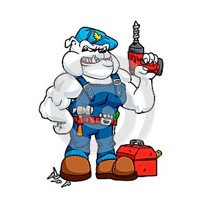 Bulldog Handyman with drill in hand and tools. Cartoon character funny.