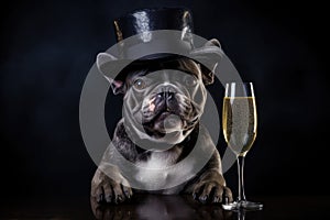 Bulldog with a hat drinking champagne on New Year's Eve party. Generative AI