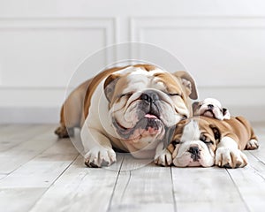 A bulldog and his puppy sleep on a white wooden floor