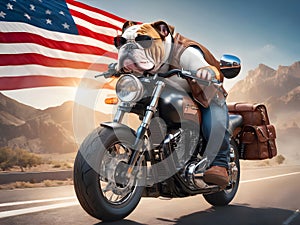 bulldog in a leather rocker jacket on a cool motorcycle against the background of the American flag.