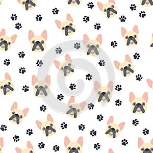 Bulldog muzzle. Seamless pattern with cute cartoon dogs bulldog muzzles