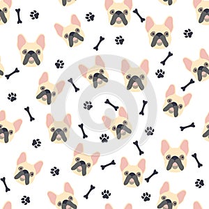 Bulldog muzzle. Seamless pattern with cute cartoon dogs bulldog muzzles