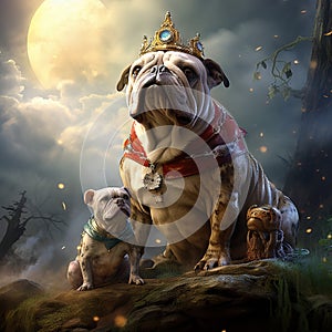 Bulldog is patiently with toad on his head  Made With Generative AI illustration