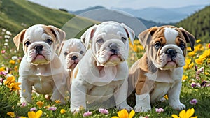 bulldog puppies among flowers