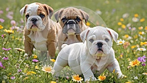 bulldog puppies among flowers