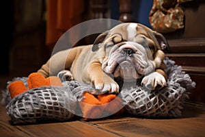 a bulldog puppy dozing off in a large fuzzy slipper