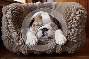 a bulldog puppy dozing off in a large fuzzy slipper