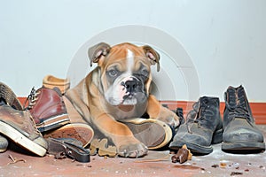 bulldog puppy surrounded by assorted chewed footwear