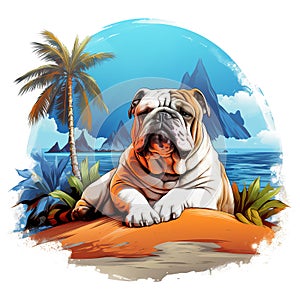 Bulldog resting on the beach on a clean background, Png for Sublimation Printing, Printable art, Pet, Animals. Illustration,