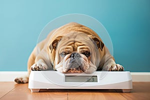 Bulldog's solemn scale session, a humorous yet poignant reflection on pet health. Concept of pet weight.