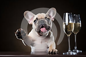 bulldog sitting with glass of champagne or wine. Celebrating, festive concept