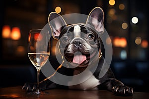 bulldog sitting with glass of champagne or wine. Celebrating, festive concept