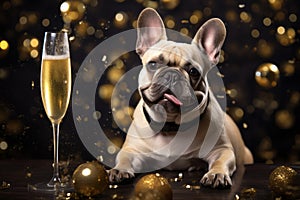 bulldog sitting with glass of champagne or wine. Celebrating, festive concept