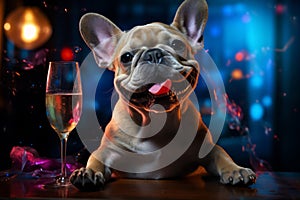 bulldog sitting with glass of champagne or wine. Celebrating, festive concept