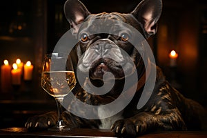 bulldog sitting with glass of champagne or wine. Celebrating, festive concept