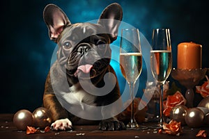 bulldog sitting with glass of champagne or wine. Celebrating, festive concept