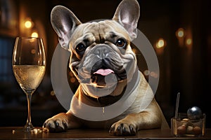 bulldog sitting with glass of champagne or wine. Celebrating, festive concept