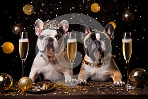 bulldog sitting with glass of champagne or wine. Celebrating, festive concept